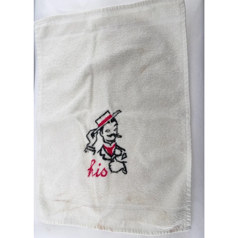 Vintage His Her Hand Towels Mid Century Bathroom Set Dundee USA Cotton